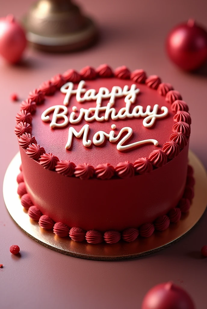 A real red velvet cake on which happy birthday moiz is written . It is look like real