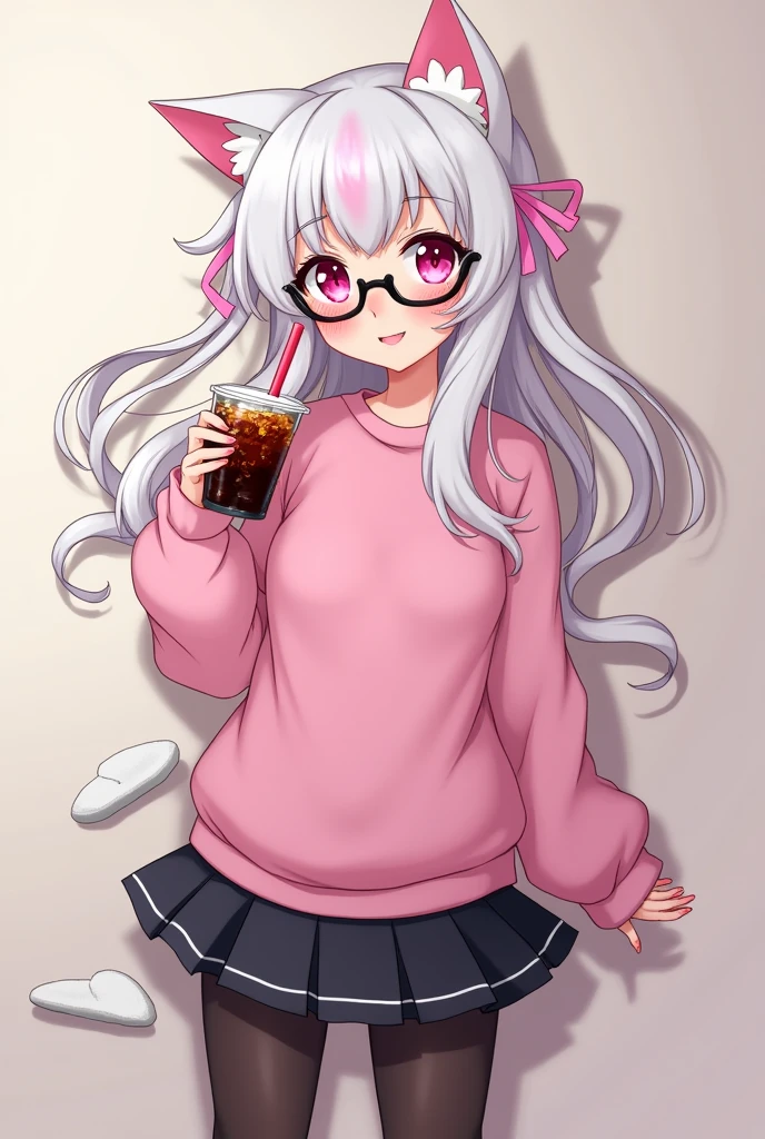 I have white pink hair, cat ears, A good, My face is super flushed, black glasses, pink heart eyes, a big pink sweatshirt, a black skirt, black stockings, White shoes, A cat'cola, A woman. very shy that is stuck to a wall with her butt