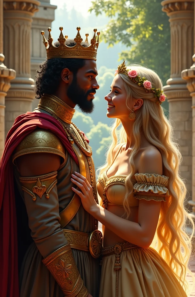 Novel in celestial landscape, a beautiful young darkskin couple with (((a long ginger hair pregnant young warrior))) with (((a young imperial duke with black hair))), he is in love but not she, very fine face, (((very beautiful))), perfect faces, whole body, romantic scene, romantic Way, sexy couple, 8K, extremely detailed, (high quality, realistic, photorealistic: 1.37), Full body, ideal proportions and defined complexion, meticulously crafted features, unreachable beauty, perfection, artistic masterpieces, vivid realism, hyper-detailed sculptures, life-like forms, truly awe-inspiring, impeccable craftsmanship, pure radiance, ethereal beauty, delicate contours, striking poses, sublime beauty, subtle nuances, dynamic compositions, vibrant colors, perfect lighting, soulful expressions, celestial aura, majestic presence, dreamlike atmosphere, unmatched gdetailed octane render trending on artstation, 8 k artistic photography, photorealistic concept art, soft natural volumetric cinematic perfect light, chiaroscuro, award - winning photograph, masterpiece, beautiful detailed intricate insanely