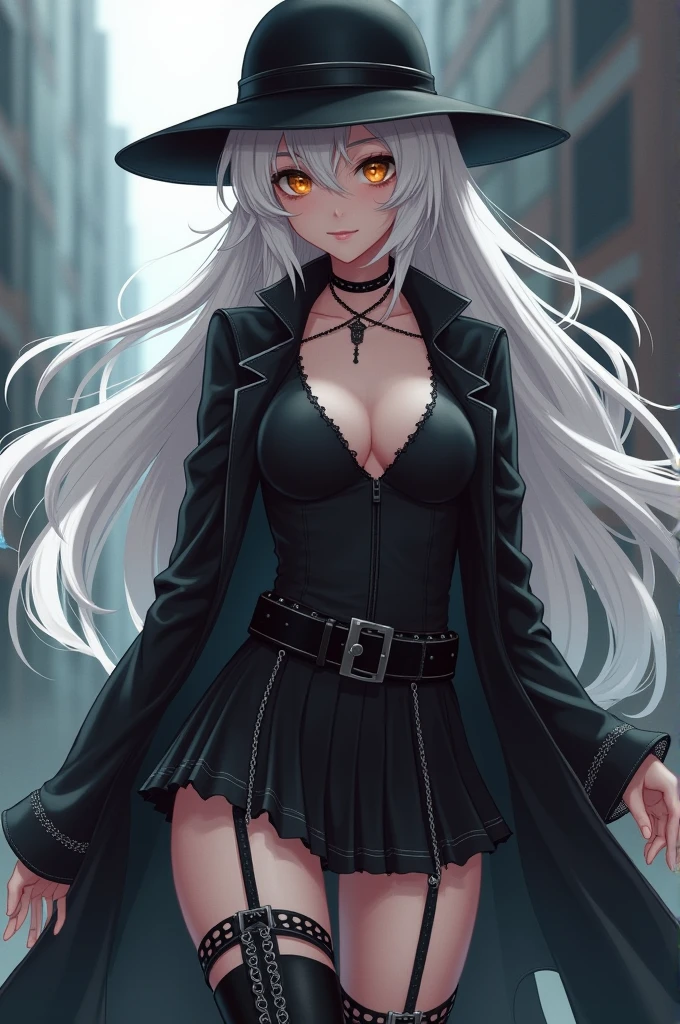 Create a girl with white hair, long and fringed, He has a black spy hat with small chains on the sides.. As for clothing, she wears a long-sleeved blouse with a neckline., black color and a short black skirt, On her legs, put some openwork tights and some knee-high leather boots., Put a black choker-type rope around your neck