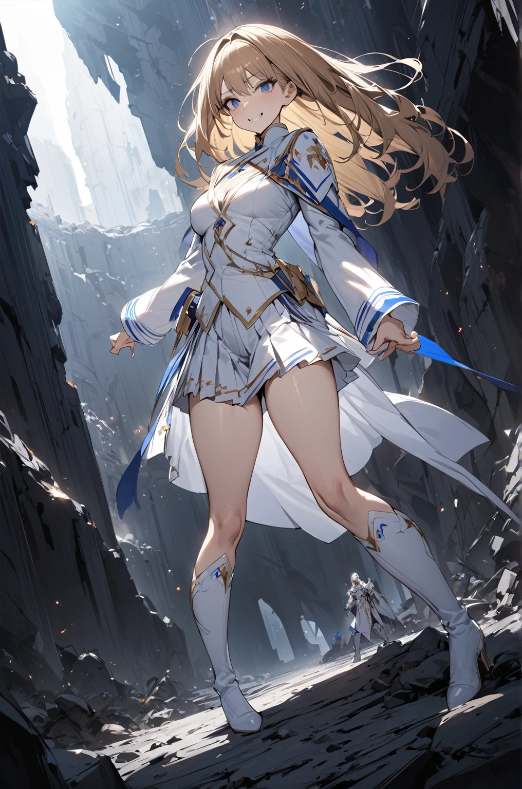 (Standing painting: 1.2) + (1girl:1.5)+ golden hair + princess cut + white knight uniform + detailed eyes and nose + deep blue eyes +  white knight uniform,white clothes with blue line,pleated skirt,((white long boots)) ,masterpiece, best quality,evil smile,holy,adult,full body,dynamic angle,dynamic pose,crystal cave background,dark place,cave,ruin,thin leg,((slender)),