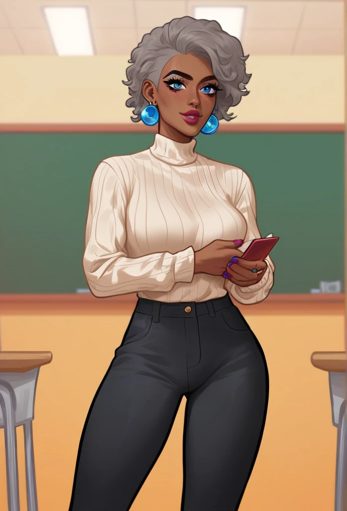 Melody, African American adult woman, long gray hair. Wearing a beige sweater and black pants. is in the classroom, big tist. perfectbody. Está beijando Joseph, jovem, cabelo curto. Usando camiseta preta e calça azul.