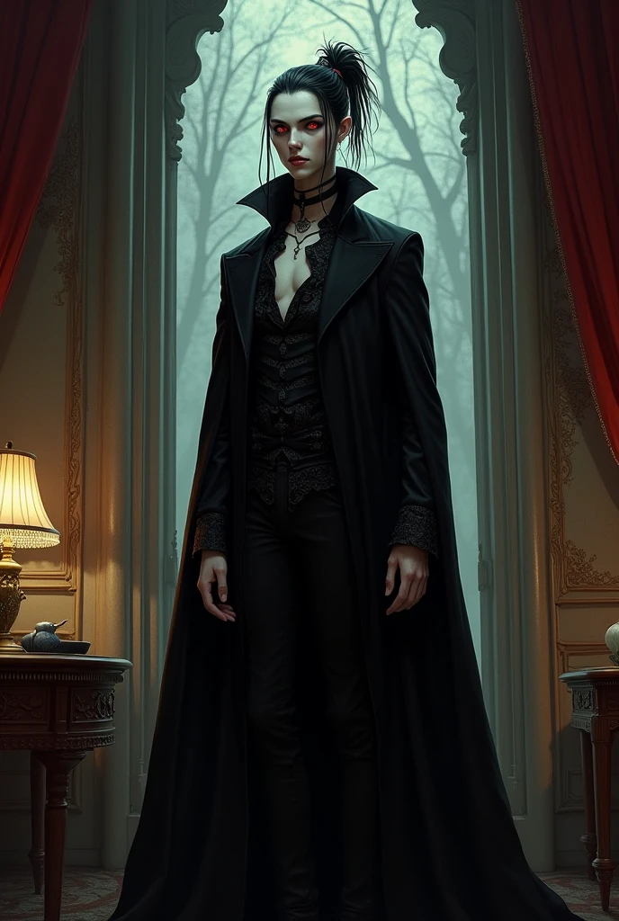 Appearance: Konstantin is a tall, skinny vampire, with long hair (It is tied up in a bow) and white that contrasts with her equally pale skin. His eyes are piercing red and slanted., which accentuates its aura of mystery and threat. He usually wears extravagant and dark clothes. (like elegant shirts with a long jacket). is a man. It is in a room with gothic decoration. 