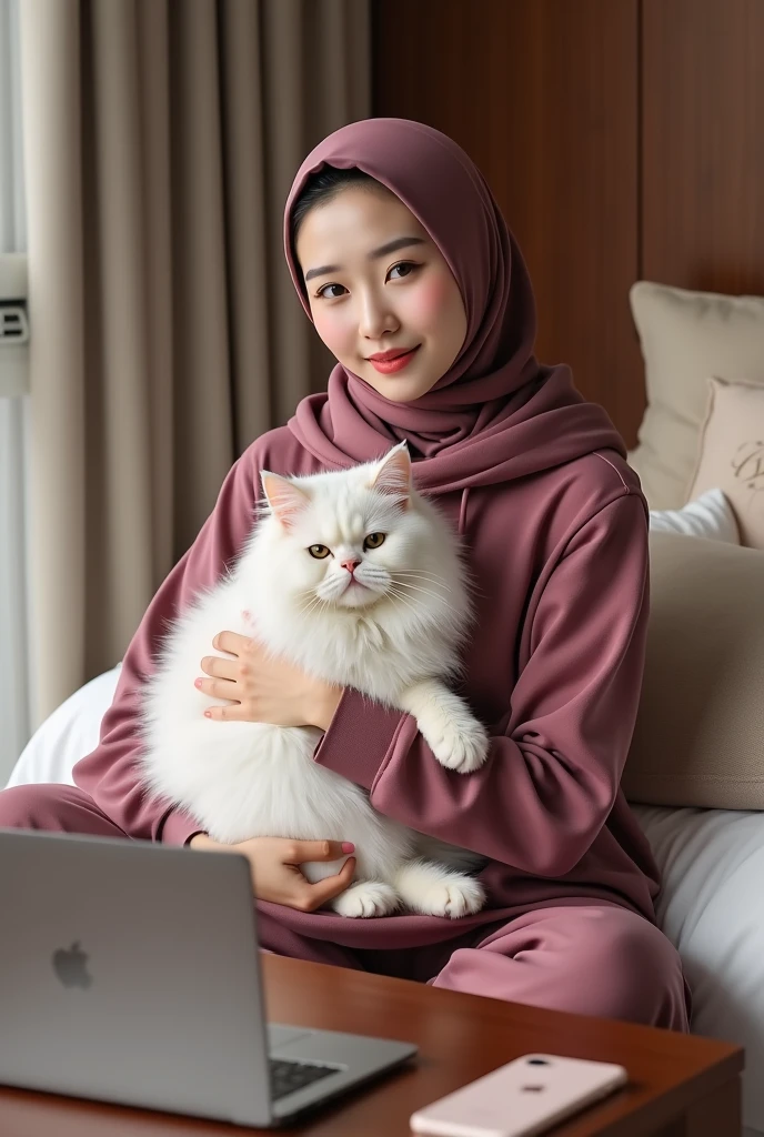 Beautiful Korean girl, smooth white skin, well-groomed face, red hijab, red hoodie, lying on a luxurious bed with a bolster pillow bearing the name Santi while hugging a large white Angora versia cat, on an iPhone laptop table, luxurious interior background, there is a sofa , AC in luxurious red rooms, looks authentic, real and realistic in photos