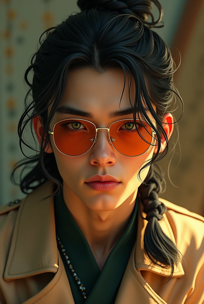 (photorealism:1.2), Japanese young man, clean shaved face, has mullet shaggy hair tied in French braid, half lidded green eyes, wearing orange sunglasses, has aquiline nose, has sharp jawline, facing camera, rugged feature, relaxed pose, realistic, intricate details, warm colors, by Greg Rutkowski, by Alphonse Mucha