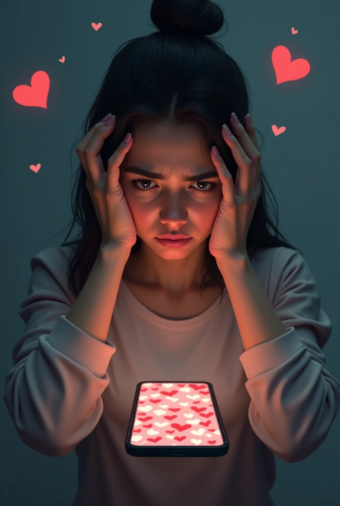 Create an image that shows a woman overwhelmed by so many love messages that arrive on her cell phone and she doesn&#39;t want to receive them.
