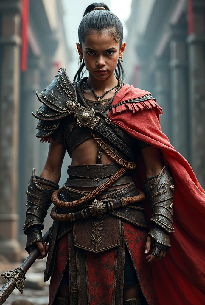 Create an image of a young, fierce warrior depicted in God of war style. The warrior should have a determined expression, with sharp, intense eyes and a strong, confident pose. Outfit the warrior in detailed, traditional armor, including a flowing cape and ornate, battle-worn details. The color palette should feature bold, vibrant colors with high contrast, and the background can include dramatic action lines or effects to emphasize the warrior's energy and strength.