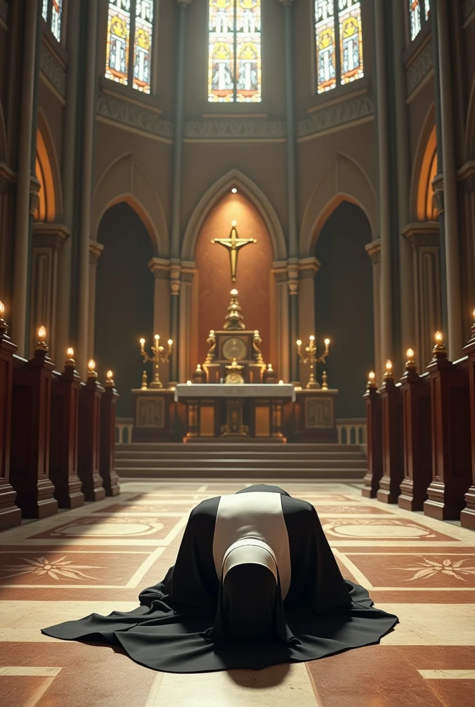 A catholic nun lay on the floor  prostrate giving their final vow  worship of a grand church chapel infront of the holy eucharist in worship and honor
