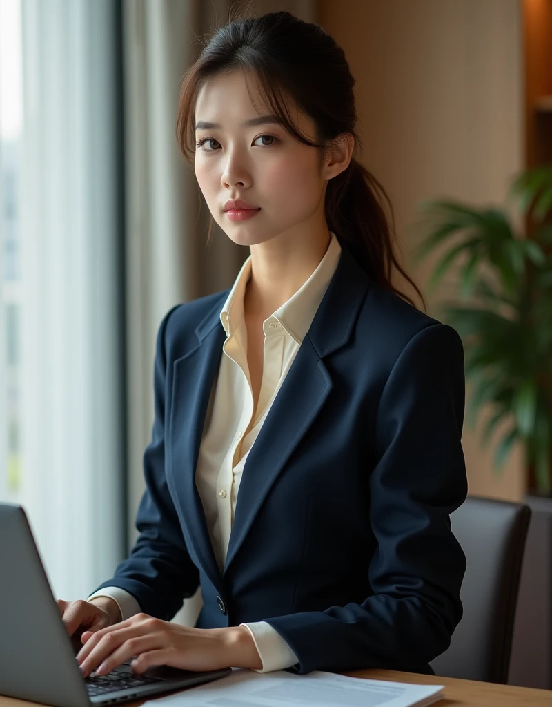 Korean women are very sexy, Sensual look, perfectly toned body, View your viewers, Pale skin, blue eyes, With long bangs、Long, flowing brown ponytail, ((Sophisticated, Navy tailored pantsuit with fitted blazer, High waist pants, and、Soft cream silk blouse)), mascara, eye shadow, Beautiful Face, Intricate details, Random standing poses, Ray Light, CEO's Office, Clean and detailed CEO office for background, (masterpiece, 16K, Ultra high definition, Absurd, A seductive smile, Highest quality, Accurate, RAW Photos, Textured skin), Wide-angle, (Professional photo by Toru Muranishi: 1.5)
(masterpiece, Highest quality), One person, Short black hair, 2, Sitting at a desk, Working with a laptop, Professional attire, Focused Expression, Indoor office environment