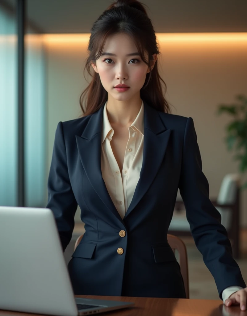Korean women are very sexy, Sensual look, perfectly toned body, View your viewers, Pale skin, blue eyes, With long bangs、Long, flowing brown ponytail, ((Sophisticated, Navy tailored pantsuit with fitted blazer, High waist pants, and、Soft cream silk blouse)), mascara, eye shadow, Beautiful Face, Intricate details, Random standing poses, Ray Light, CEO's Office, Clean and detailed CEO office for background, (masterpiece, 16K, Ultra high definition, Absurd, A seductive smile, Highest quality, Accurate, RAW Photos, Textured skin), Wide-angle, (Professional photo by Toru Muranishi: 1.5)
(masterpiece, Highest quality), One person, Short black hair, 2, Sitting at a desk, Working with a laptop, Professional attire, Focused Expression, Indoor office environment