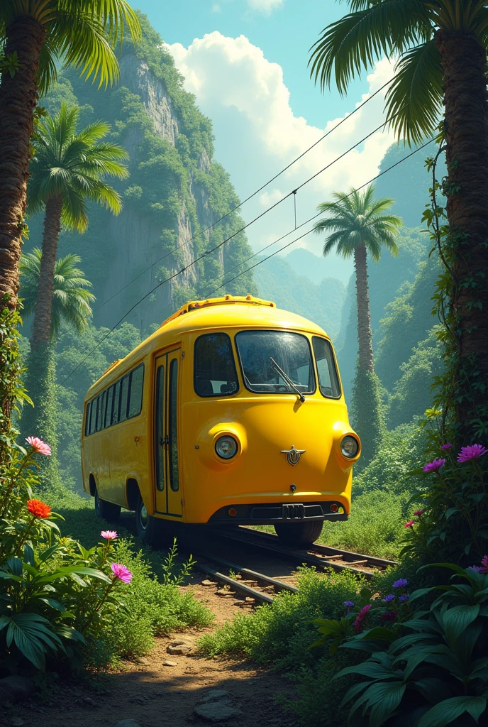 a Trolleybus yellow bus full size image ingoing to jungle