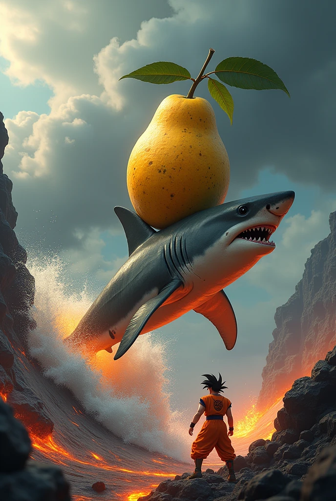 A WWII mango on top of a shark surfing a lava tsunami attacking Goku Ultra Instinct