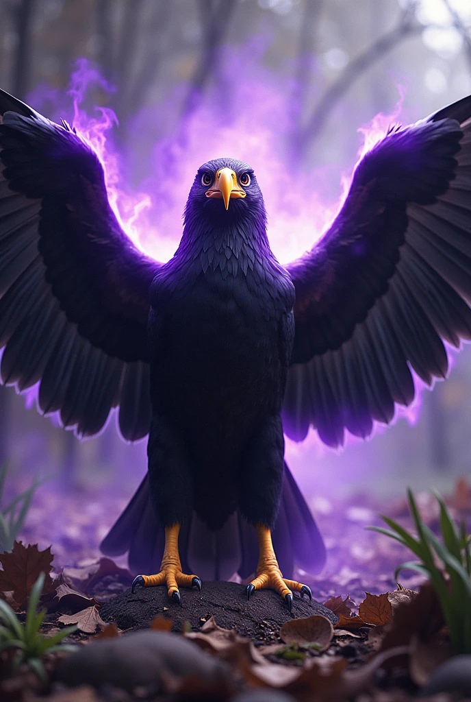 Golden and Black Billed Hawk, black body, on the ground with debris from nature, huge white wings open, purple power