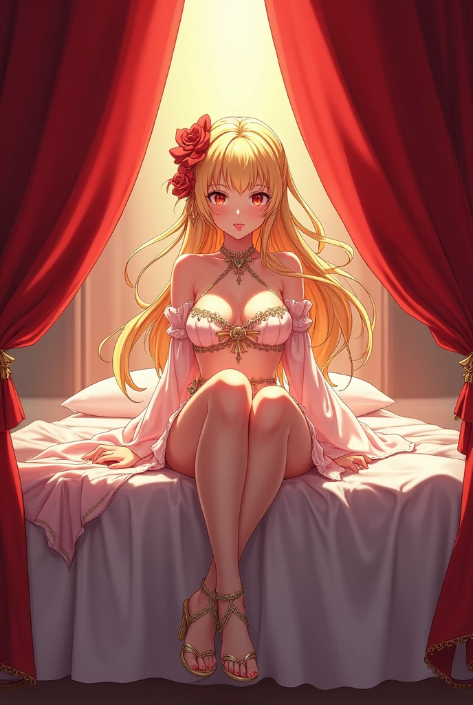 Anime character sitting on the bed with red curtains, Epic light novel art cover, Light novel cover art, Algeria Pendragon,  Wear clothes, anime goddess, epic Light novel cover art, Violet Evergarden, seductive anime girl, vinland saga, pixiv 3dcg, Blonde long hair anime girl, blonde princess, Yuuki Asuna