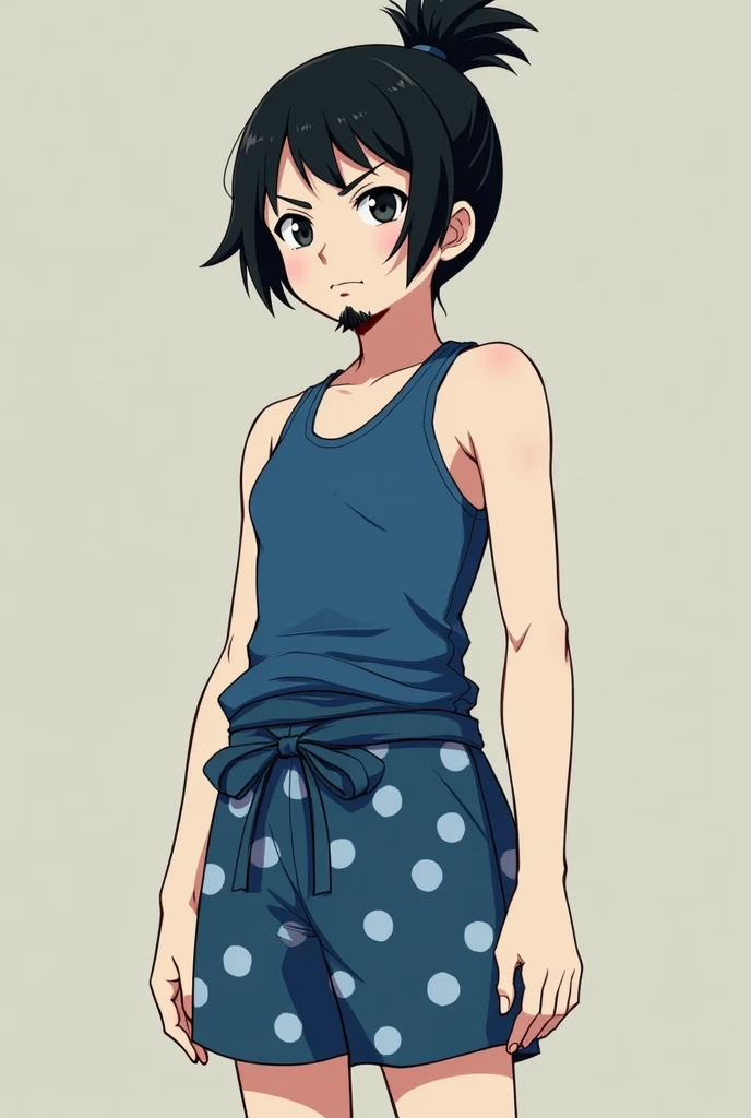 Raise a young, in a blue tank top and blue shorts with light blue polka dots, black hair in samurai bun, with a goatee and white skin