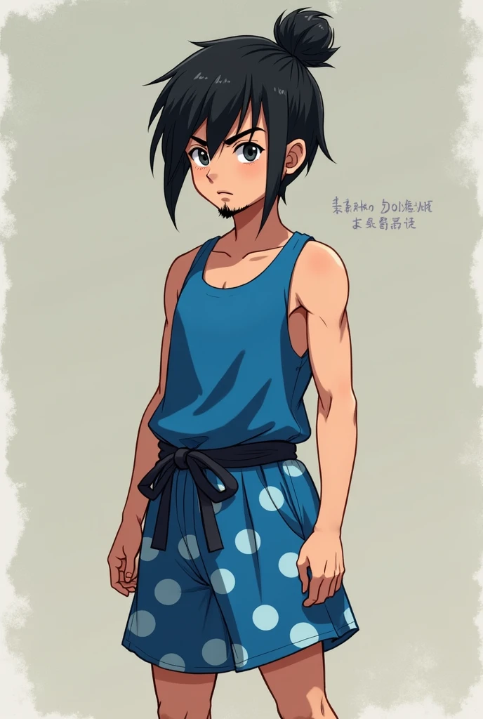 Raise a young, in a blue tank top and blue shorts with light blue polka dots, black hair in samurai bun, with a goatee and white skin