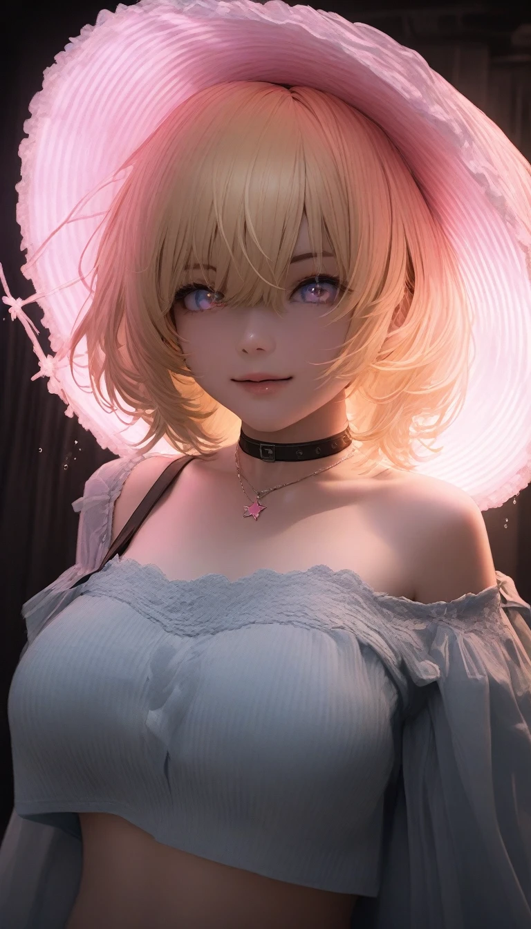 The image is a digital artwork of a blonde woman lying in bed.。. She has  and is wearing a bra. Super Resolution, Megapixels, Prophoto RGB, virtual reality, strong, amazing, ハーフBacklight, Backlight, Natural light, incandescent lamp, fiber Optics, Lighting Mood Lighting, Cinema Lighting, Studio Lighting, Soft lighting, Volumetric, Crisp contrast, Dim lighting, Accent lighting, グローバルイルミネーション投Shadow, Screen Space Global Illumination, Ray-Traced Global Illumination, Red fringe lights, 45% Cool color gradation, Optics, scattering, Glare, Shadow, Hyperrealism, Caustic water, Refractioned water, Anatomically correct, Super Detail, high quality, 4K , Glowing Skin, , rtrophto1,