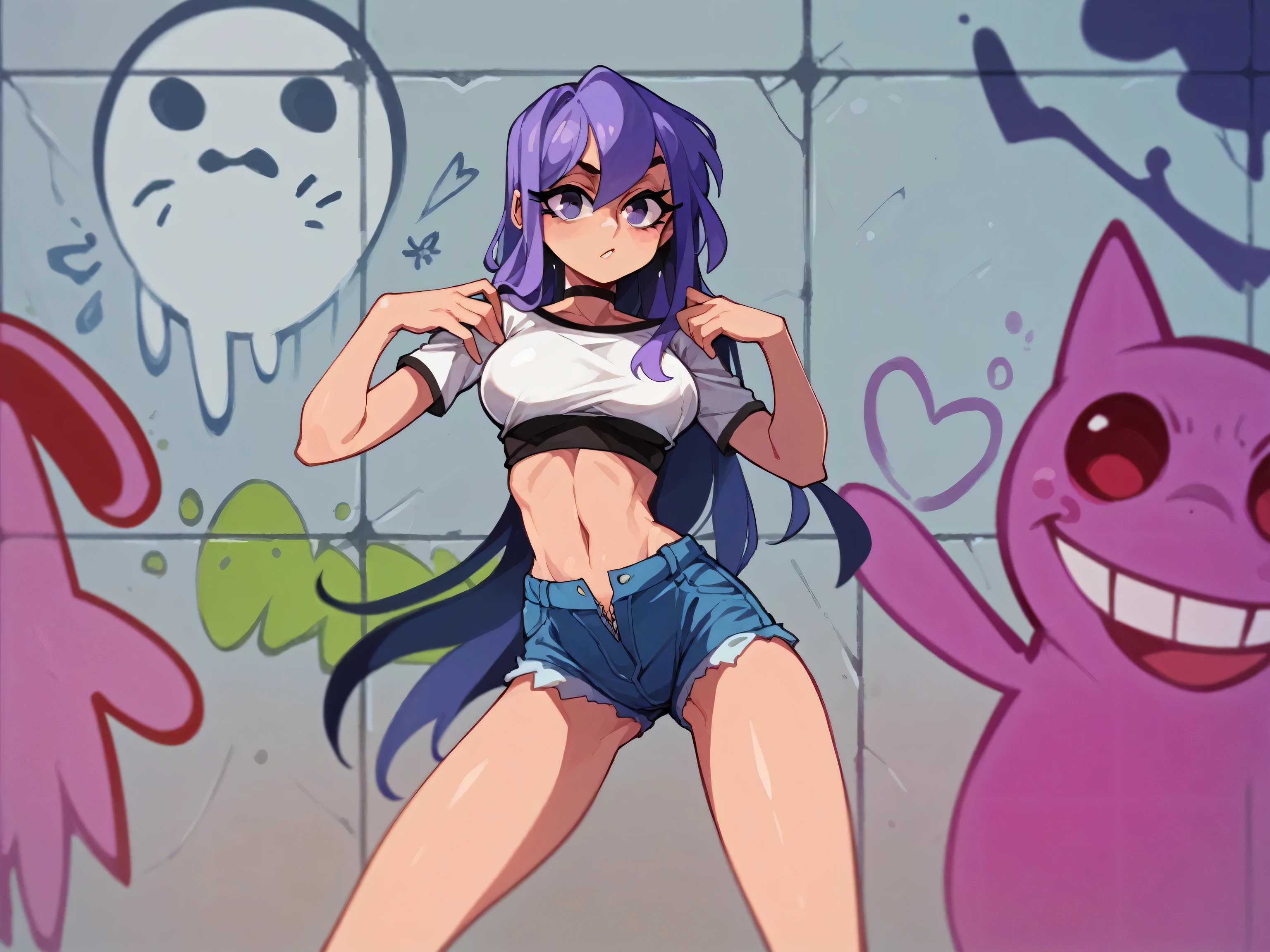 Masterpiece , Excellent quality , high resolution , 1 woman , Long Lilac Hair , White crop top , Jean Shorts , unzipped pants , abdomen , big breasts , Long legs , hands on hips ,  Graffiti wall