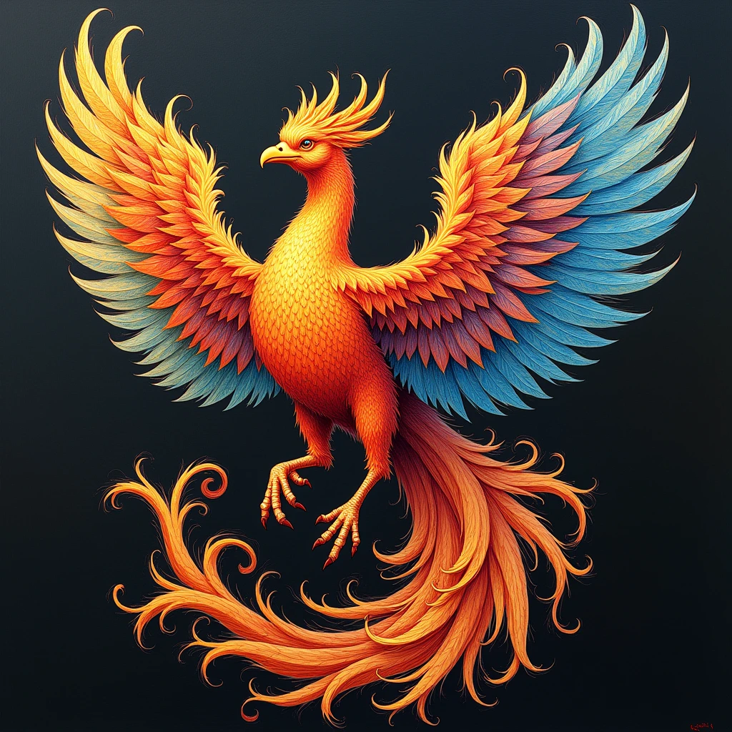 Mythical Phoenix, Scratchboard drawing art style, intricate details, dramatic contrast, professional-grade execution, captures the tactile quality and depth of etching, (best quality, masterpiece, photorealistic), very aesthetic, perfect composition, intricate details, ultra-detailed, vivid colors