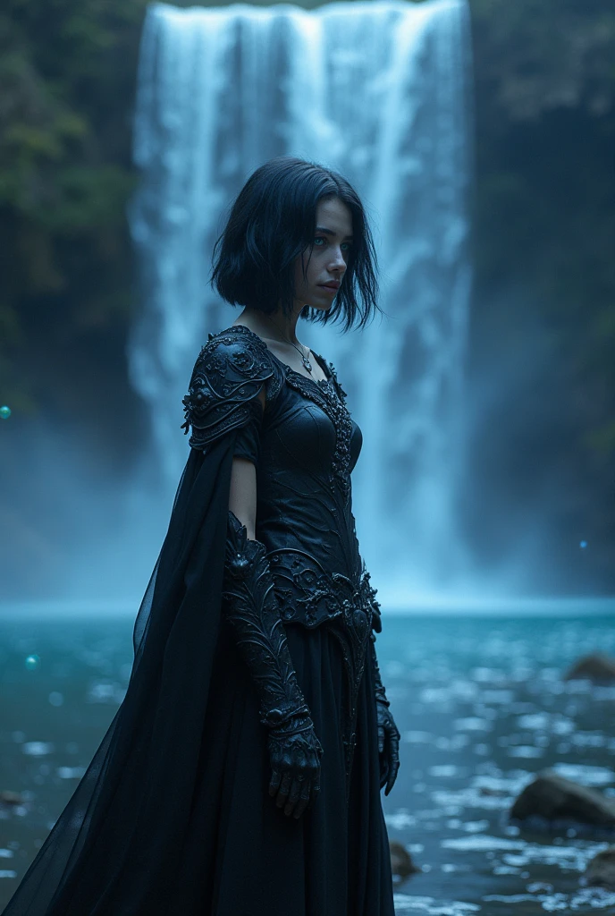 An alluring girl with short, raven hair and glowing blue eyes stands alone by a waterfall under a twilight sky. Her dark, intricate armor contrasts with the soft glow of the water, and mystical orbs float around her. She gazes up at the sky, torn between two worlds as shadows loom around her.