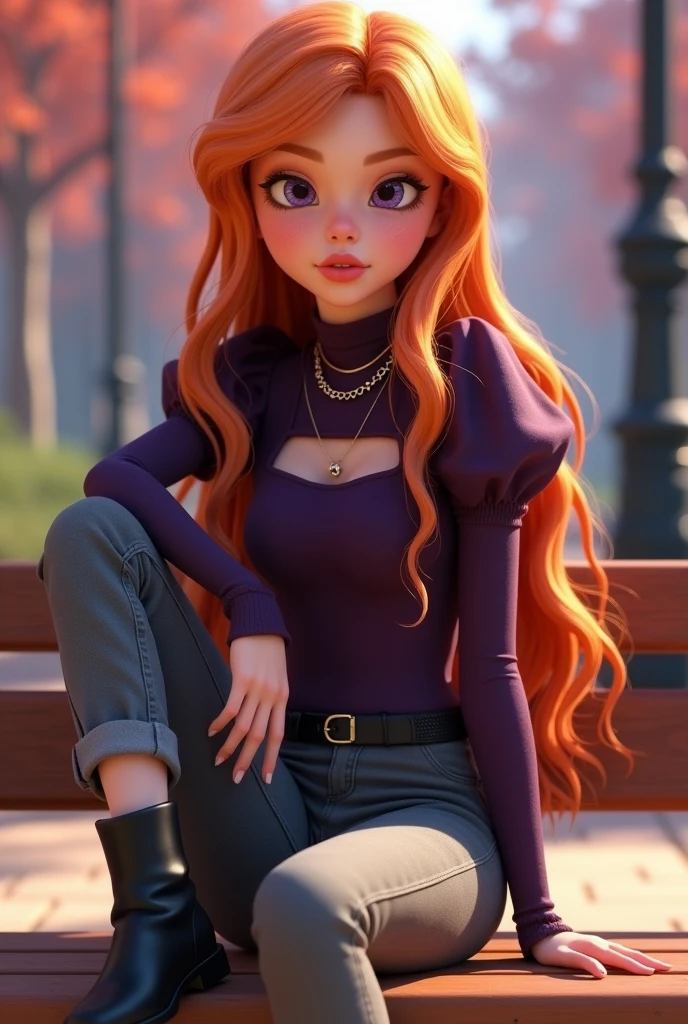 Vanessa is sitting on a bench with one leg crossed, She is a very beautiful fifteen-year-old girl with snow-white skin., She has long, wavy, bright light orange hair that is usually styled half up with two strands falling down her beautiful face.,She has almond-shaped eyes, a light lilac purple color., her face is heart-shaped and she has a small nose and salmon pink lips, She wears a dark purple tight-fitting long-sleeved shirt with puffed arms and a square cut at the top of the chest but without being low-cut, in addition to wearing three necklaces., He is wearing smart grey trousers with a thin black leather belt and black ankle boots..((3D style)) ((Style Miraculous ladybug)).