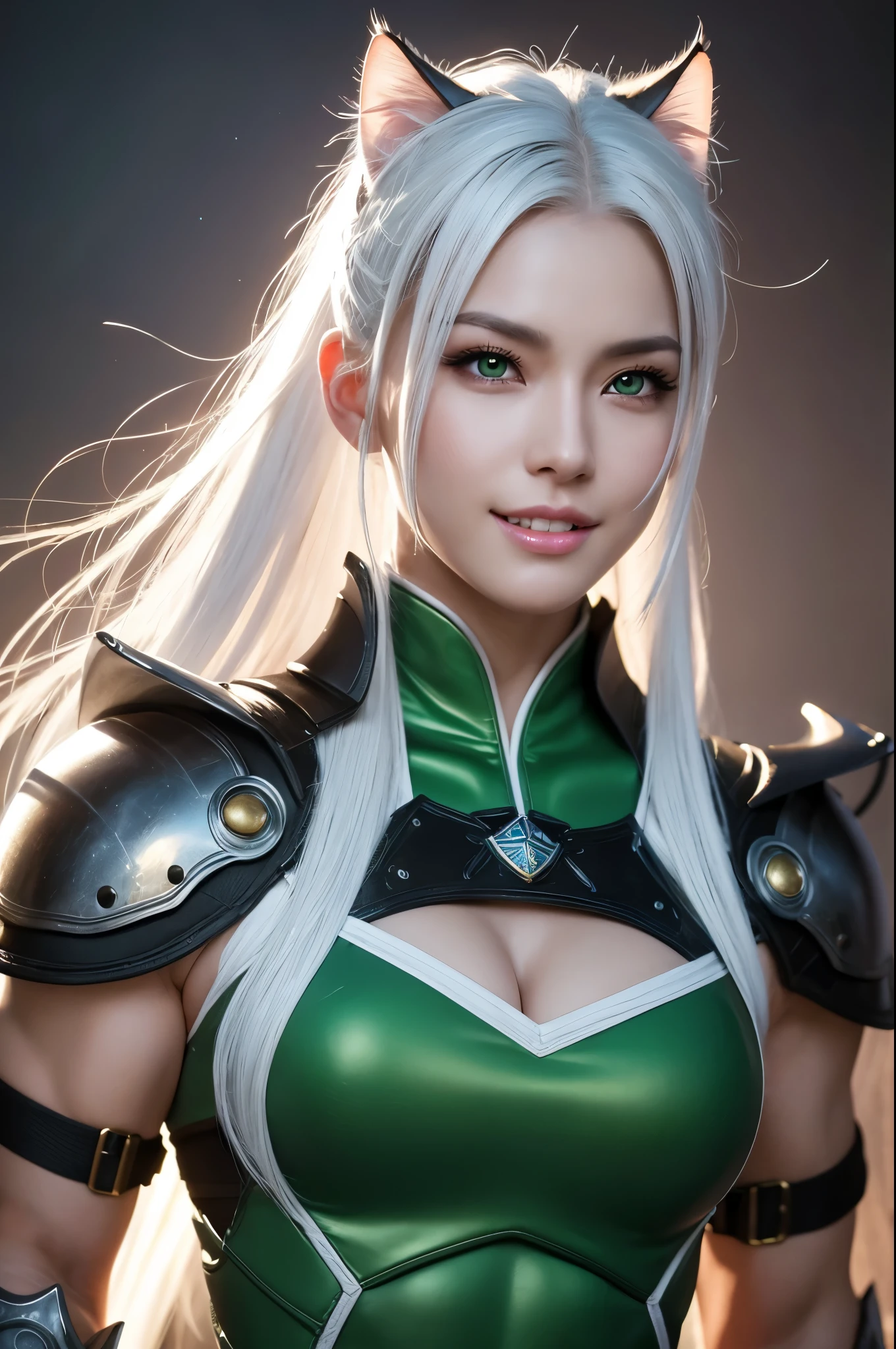 8k,Magnificent Fangs,white mohawk hair,A close-up of a girl wearing a white cat ear costume(Like the real thing) ,Muscular macho body,Gorgeous green and black armor,white mohawk hair,Lavish decoration,Green Eyes,Ultra-Realistic Skin,Fangs are visible from the mouth,Portrait of a Knight, ig model | ArtJam, Very detailed artgerm, Fan Art Best Art Station, 2. 5d cgi animation,Gorgeous Mature Paladin, Detailed digital anime art, Alexandra Fomina Art Station, ArtJam ; 3d unreal engine5,Ultra-high resolution,A kind smile,Strong,Highest quality photorealistic RAW photos。Backlight、Cinema Lighting、Film Grain、50mm lens、Nikon D850、Ultra-Realistic Skin、Fantasy art、Character Art、Ultra-high resolution、muscular and slim body、Ultra-Realistic Skin、Super Muscular Beauty,Clenching his fist and striking a dynamic pose,Showing cleavage,Super Muscular Beauty,Female bodybuilder body types,Very large breasts,Karate stance(Martial Arts),