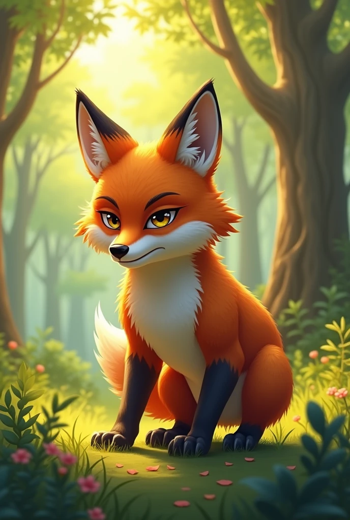 A brown fox getting ready to hunt,move,Strong expression,Background morning forest,Cute realistic style