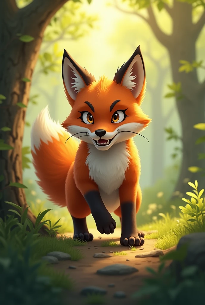 A brown fox getting ready to hunt,move,Strong expression,Background morning forest,Cute realistic style