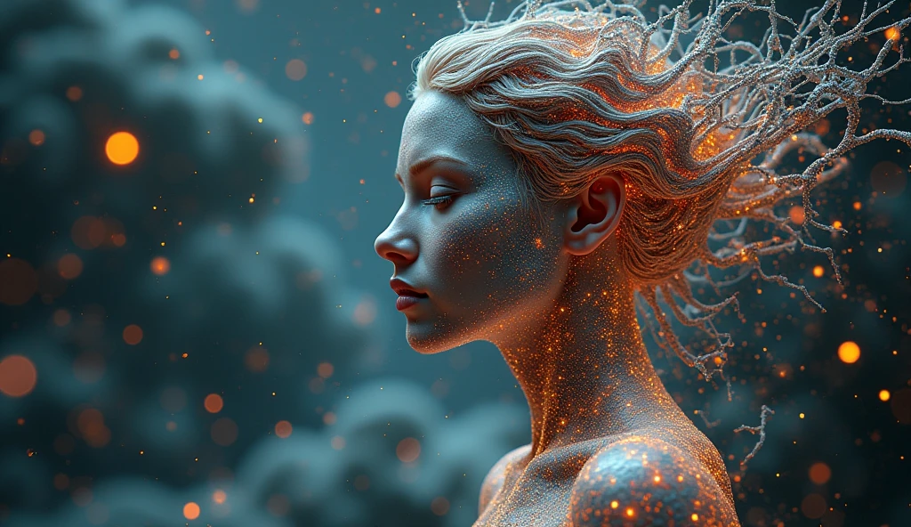 A digital artwork of a female figure composed of intricate geometric lattice structures, molecular formations, and crystalline interference patterns. The artwork is a blend of 3D render, painting, and conceptual art. The feminine figure's silhouette is a complex amalgamation of various crystallographies, including diamond lattices, DNA double helix spiral motifs, and quasicrystal fractal ornaments. Her "molecular skin" reveals minute details of Van der Waals forces, covalent bonds, and atomic extensions of different elements, with areas transforming and metamorphosing continuously. The entire realm is infused with a dynamic force field of Miller indices, Bragg planes, and scattering vectors.