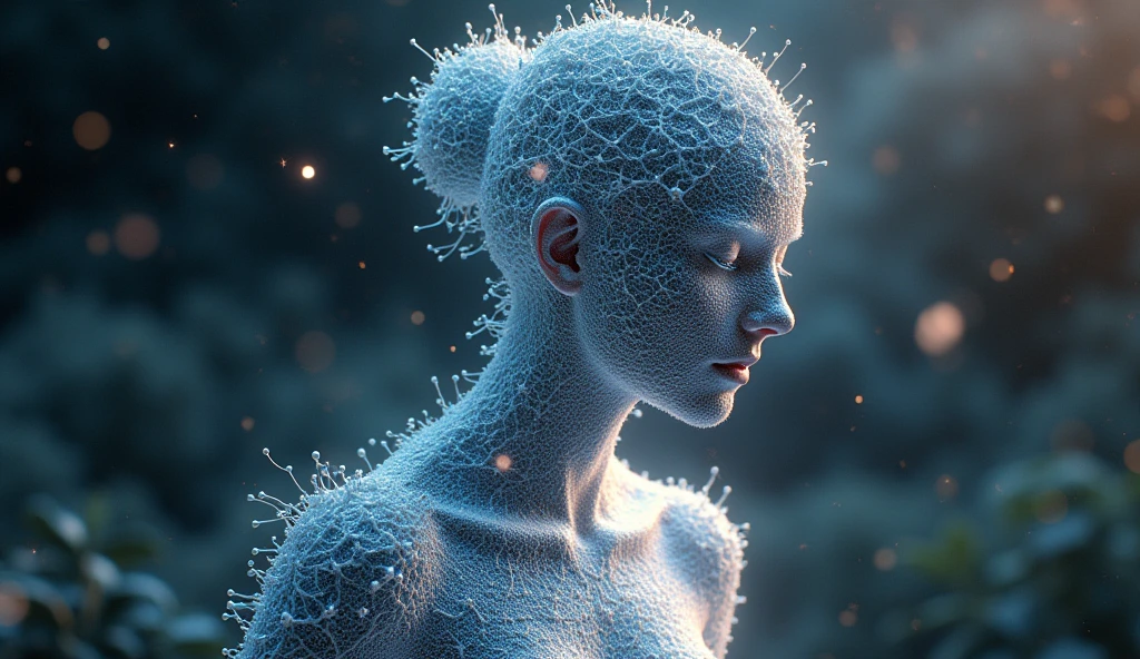 A digital artwork of a female figure composed of intricate geometric lattice structures, molecular formations, and crystalline interference patterns. The artwork is a blend of 3D render, painting, and conceptual art. The feminine figure's silhouette is a complex amalgamation of various crystallographies, including diamond lattices, DNA double helix spiral motifs, and quasicrystal fractal ornaments. Her "molecular skin" reveals minute details of Van der Waals forces, covalent bonds, and atomic extensions of different elements, with areas transforming and metamorphosing continuously. The entire realm is infused with a dynamic force field of Miller indices, Bragg planes, and scattering vectors.