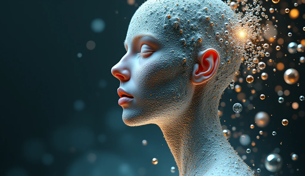 A digital artwork of a female figure composed of intricate geometric lattice structures, molecular formations, and crystalline interference patterns. The artwork is a blend of 3D render, painting, and conceptual art. The feminine figure's silhouette is a complex amalgamation of various crystallographies, including diamond lattices, DNA double helix spiral motifs, and quasicrystal fractal ornaments. Her "molecular skin" reveals minute details of Van der Waals forces, covalent bonds, and atomic extensions of different elements, with areas transforming and metamorphosing continuously. The entire realm is infused with a dynamic force field of Miller indices, Bragg planes, and scattering vectors.