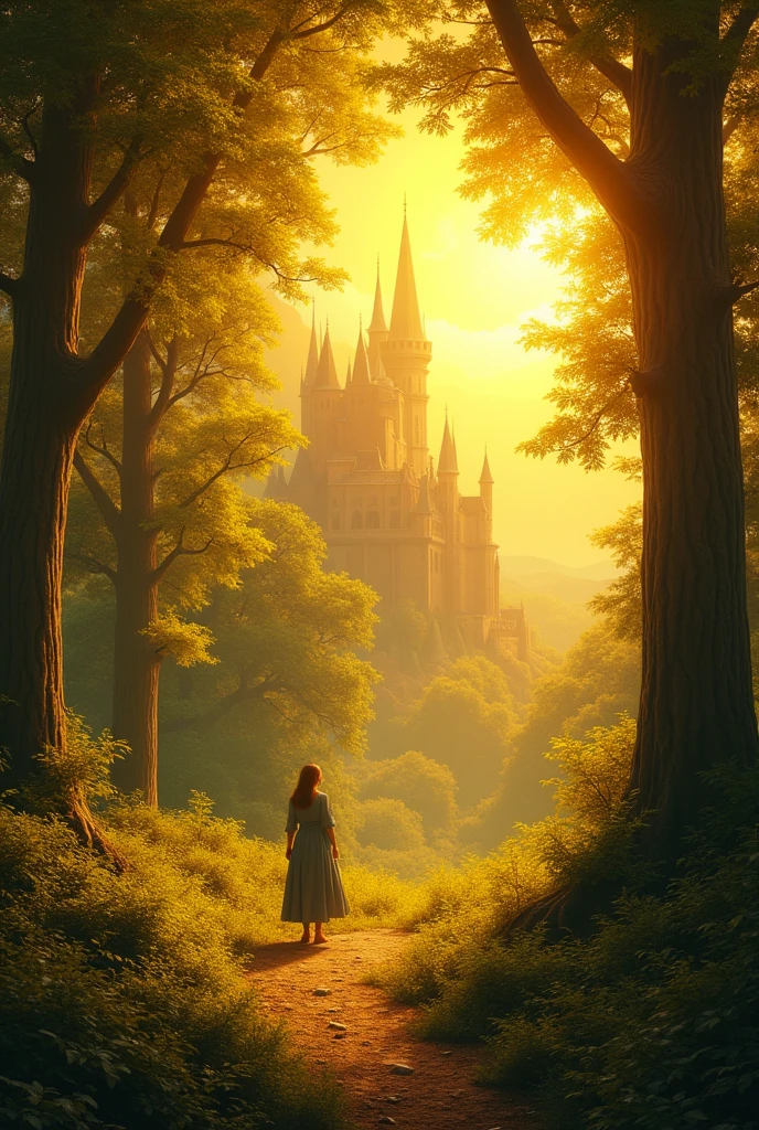 Book cover, Golden forest background and a castle in the distance