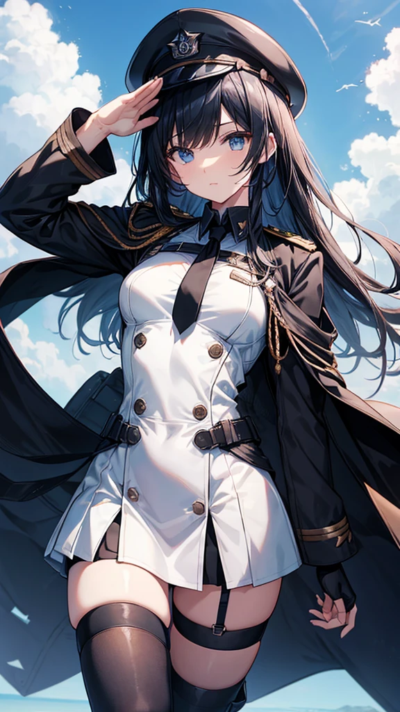 Commander Woman、beautiful、Near future、upright、Salute with your right hand、Left hand lowered、Black military uniform、Black Cape、Black Mini Tight Skirt、Black military boots、Black Stockings、Black Hair、Deep blue eyes、thin black tie、Slender body、Black Beret、Wings Medal、Rank insignia on shoulder、He has a gun、(Blue sky and white clouds on background、Fighter plane in the background)