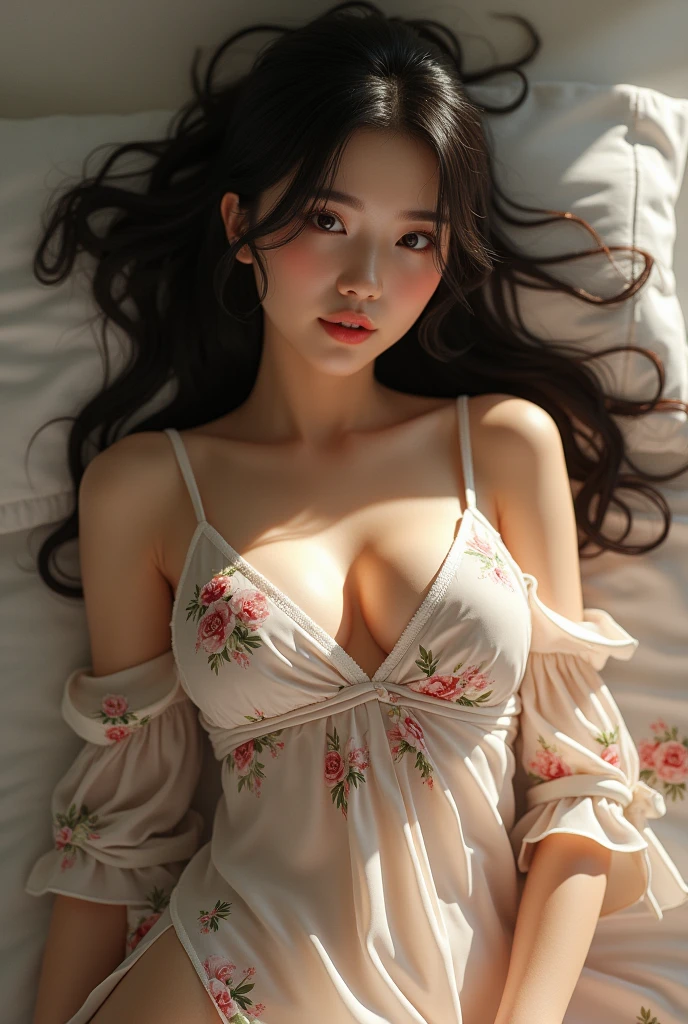 (photorealism:1.2), beautiful asian girl, view full body, straight hair, white skin, high nose, thin lip, ( big breast ), wearing a floral patterned housedress, lyng on her back on the bed, upper lip bitting lower lip, moaning, ( detailed breast), ( detailed vagina )