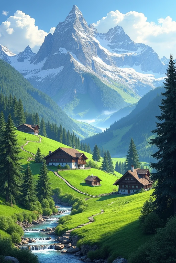 A realistic picture of a countryside of the Swiss Alps is a stunning tapestry of rolling meadows, dense forests, and dramatic mountain peaks. The landscape is dotted with traditional wooden chalets and farms, often set against a backdrop of snow-capped summits. Verdant pastures are crisscrossed with winding trails, and clear streams meander through the serene setting. The air is crisp and fresh, and the tranquility is punctuated only by the distant sounds of cowbells and the gentle rustling of the wind through the trees.