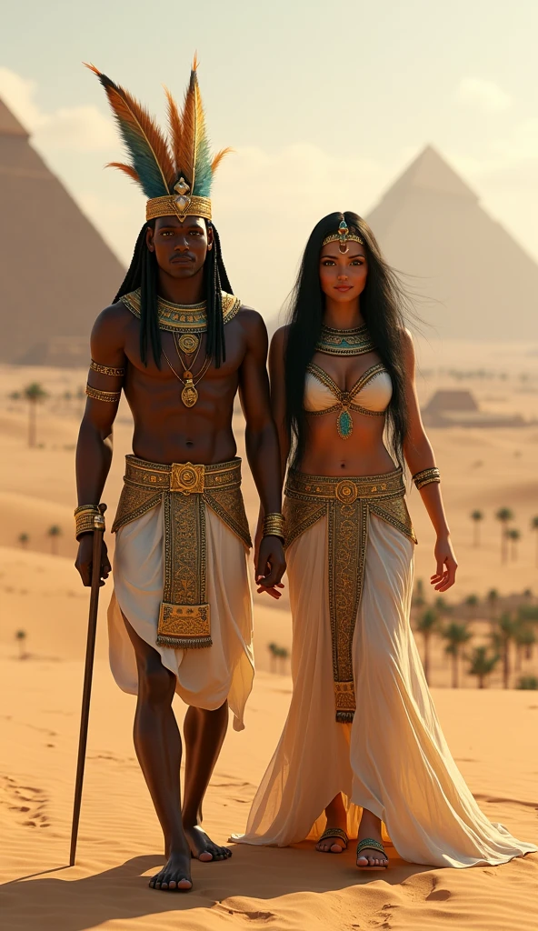 Design an image of Shu and Tefnut, deities from Egyptian mythology, walking side by side. Shu, the god of air, is a male figure with dark brown skin, green eyes, and a feathered headdress, symbolizing his connection to the sky. Tefnut, the goddess of moisture, is a female figure with light brown skin, deep blue eyes, and long black hair, flowing down her back. Both are dressed in traditional Egyptian attire with gold accents. The background should feature an ancient Egyptian landscape, with desert sands and the distant outline of pyramids. They walk in harmony, embodying the balance of air and moisture essential for life. Use masterpiece, best quality, CG, wallpaper, HDR, high quality, ultra detailed face, cinematic, high detail, 8k, raw, high, artstation HQ, unreal engine, octane renderer, 4k resolution, hyperrealistic, highly detailed, and absurdres settings