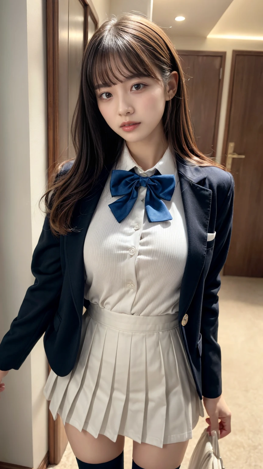 (((SFW))), (1.FEMALES, 独奏), 8k, ((masutepiece)),(((top-quality))),((Ultra-detailed)),((((Realistic)))), Photorealsitic:1.37, (A hyper-realistic), (illustratio), (hight resolution), (ighly detailed), (The best illustrations), (Ultra-detail), (wall-paper), (Detailed face), (Beautiful expression), ((Details Top quality skins:1.2)), ((Reddish blush)), (hyper detailed background, Detailed background), Arya, Long hair, Blue eyes, Ahoge, Bow, Looking at Viewer, Red bow, Jacket, bowtie, Long sleeves, breasts, Shirt, Open jacket, red bowtie, door, Cowboy Shot, Collared shirt, Indoors, School uniform, White hair, Standing, Open your clothes, Skirt, bangs, Dress, Grey jacket, Black Dress, blush, Pleated skirt, Parted lips, medium breasts, pleated dress, White shirt, hair between eye, White jacket, Hand up, blazer, Black skirt, thighs thighs thighs thighs, Open door, hallway