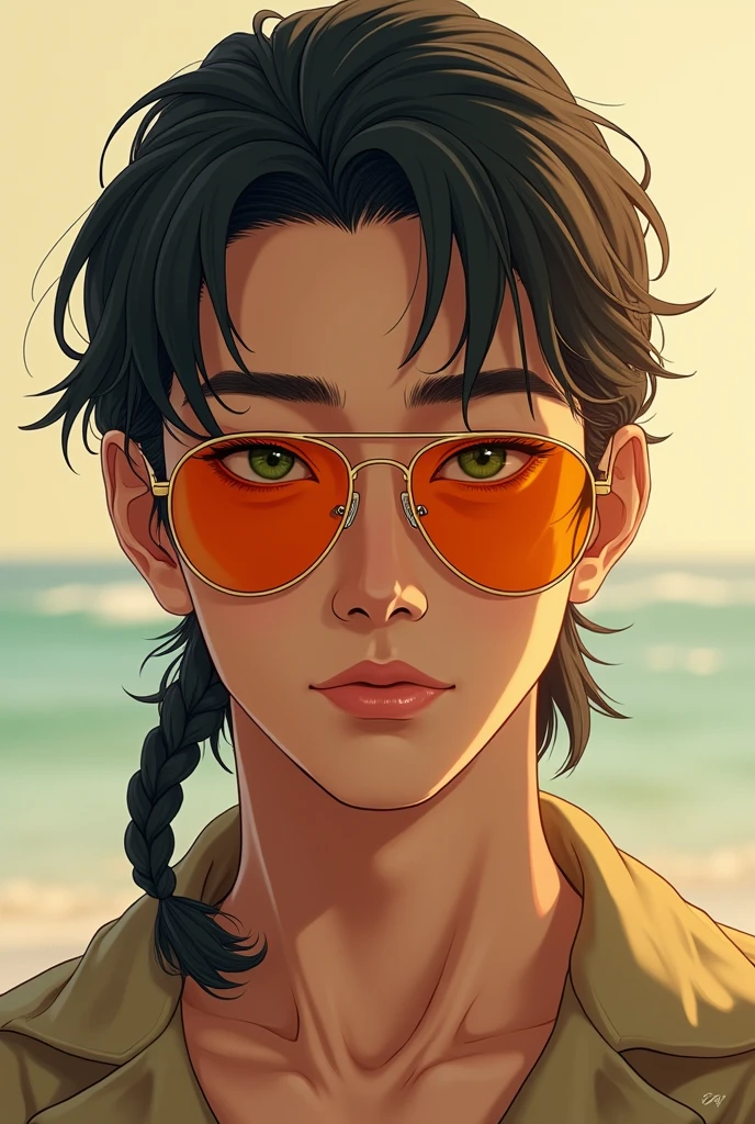 (photorealism:1.2), Japanese young man, clean shaved face, has mullet shaggy hair tied in French braid, half lidded green eyes, wearing orange sunglasses, has aquiline nose, has attractive jawline, facing camera, rugged feature, relaxed pose, realistic, intricate details, warm colors, by Greg Rutkowski, by Alphonse Mucha