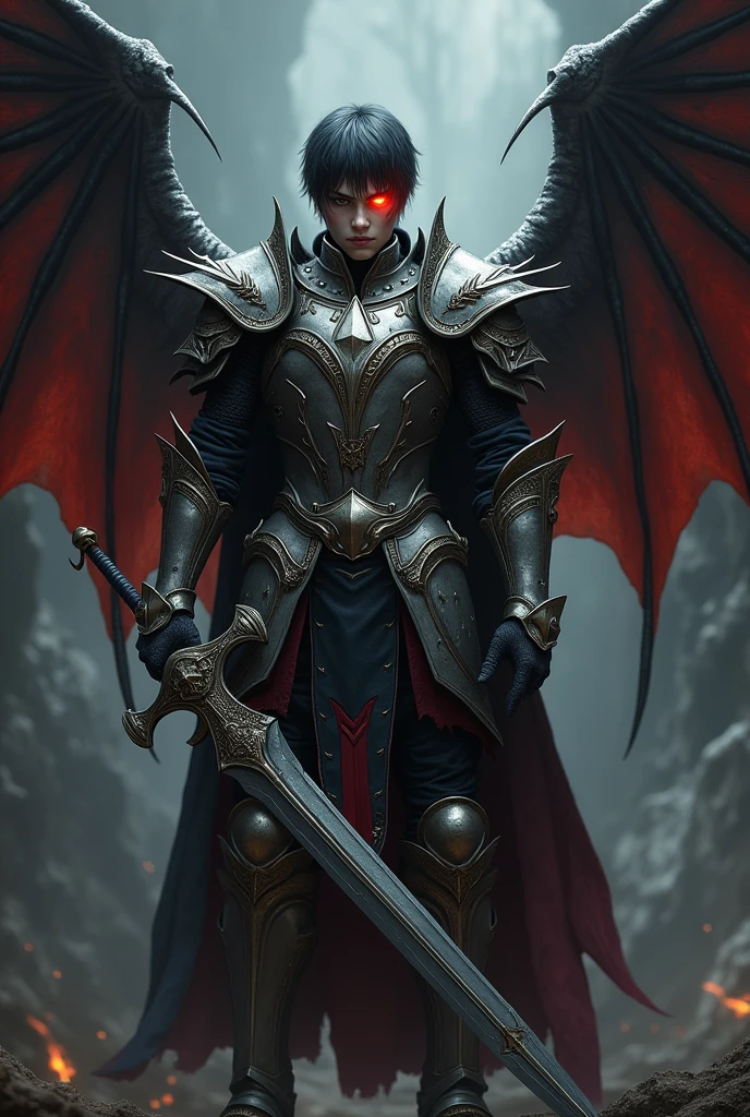 Make an image of a human with Capricorn armor from the Zodiac knights, with the scalibur with the blessing of Athena and with dragon wings,grimdark,shorth hair,red eye makes you more excited,no figures