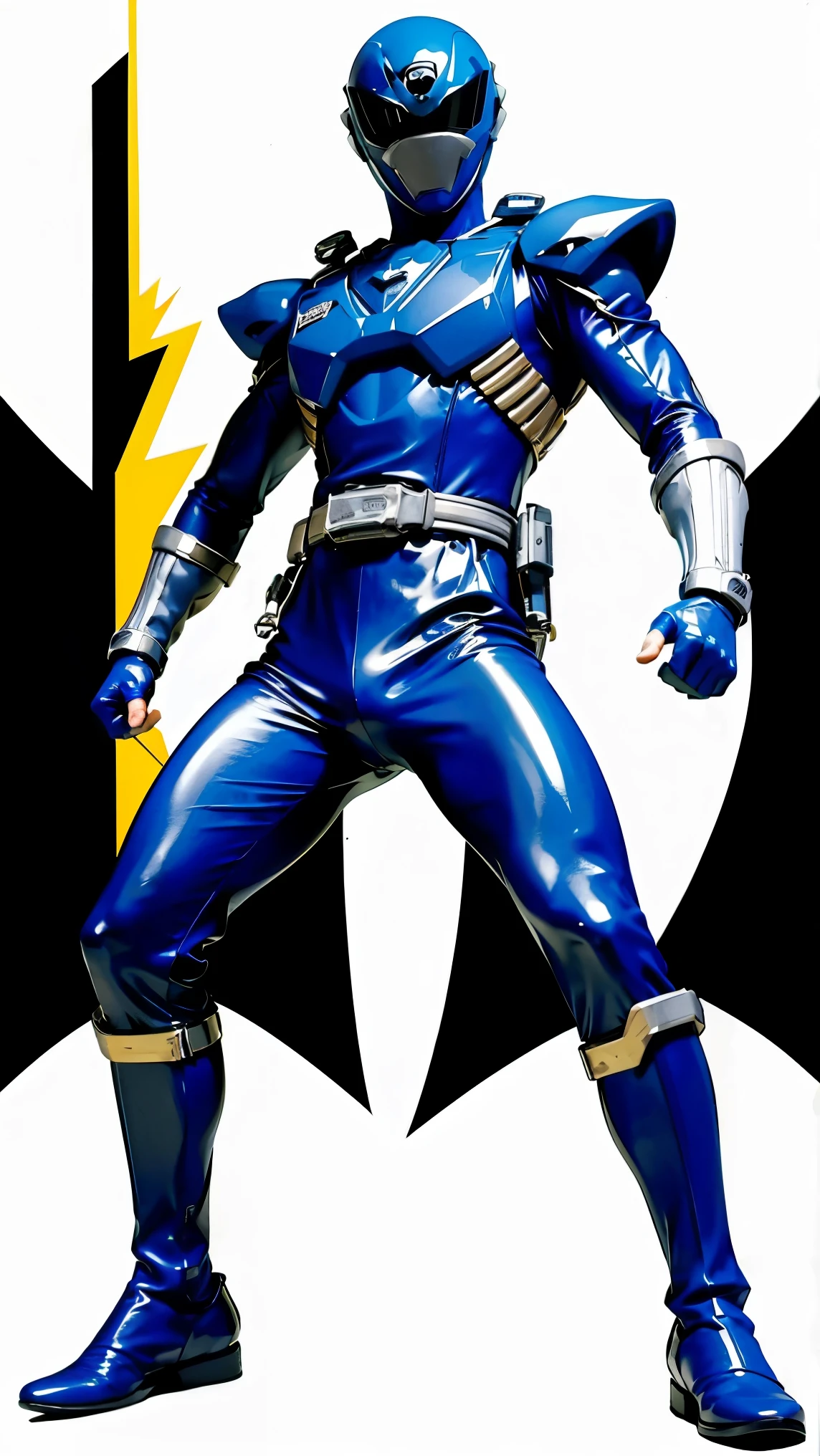 1boy, full body, Illustration, cinematic light, high resolution, best quality, ultra-detailed, masterpiece, power suit, powerranger, suit, spd, gold detail, ((silver suit)), thunder particle, lightning,  ((ninja inspired pose))