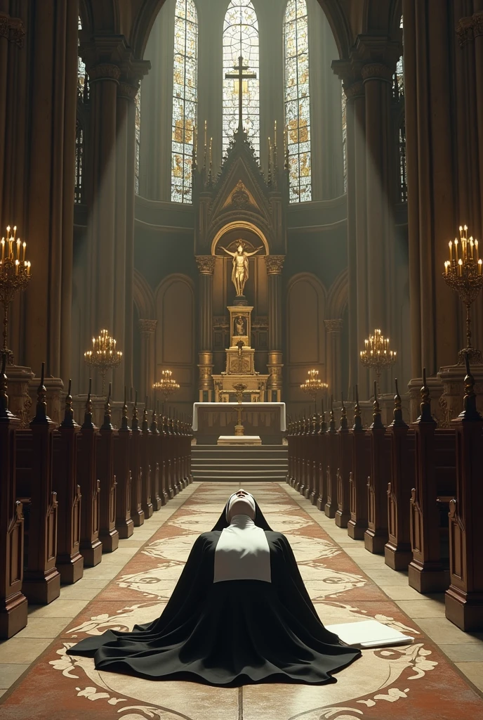 A catholic nun lay on the floor prostrate giving their final vow worship of a grand church chapel facing he holy eucharist in worship and honor