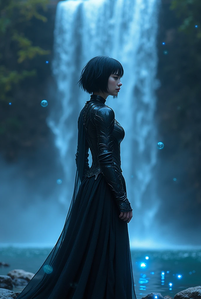 An alluring girl with short, raven hair and glowing blue eyes stands alone by a waterfall under a twilight sky. Her dark, intricate armor contrasts with the soft glow of the water, and mystical orbs float around her. She gazes up at the sky, torn between two worlds as shadows loom around her.