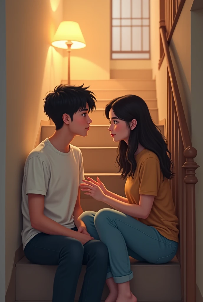 A boy wearing a white full-sleeved T-shirt is sitting on a wide staircase and talking to his girlfriend