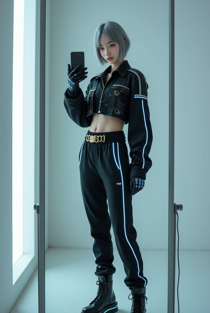 highly detailed, beautiful, hyper Realistic girl, masterpiece, best quality, Depict a mysterious and sophisticated beautiful Japanese gravure model,, 28-years-old, identity hidden, all body shot, / gray arranged hair, small head, Detailed face, cute and Pretty slim face, wide Duck mouth, perfect beautiful Tooth, arranged gray hair, shiny eyes, blue-colored eyes, Realistic skin, Detailed face, / Here’s a chic and futuristic costume design based on a cyberpunk jogger theme:
Top: A black cropped jacket with luminescent blue circuitry patterns and silver badges, blending cyberpunk and authority. The jacket features a high collar and zippered front for a sleek look.
Bottoms: Slim, high-waisted joggers with metallic silver accents, holographic side stripes, and functional cargo pockets, offering both style and utility.
Footwear: Black, sleek combat boots with neon blue soles and reinforced ankles, ensuring both durability and a cutting-edge appearance.
Accessories: A minimalistic belt with gold buckles, matching gold earrings, and LED-enhanced gloves, all exuding a powerful and authoritative presence. //// simple white single room, gray frame mirror, complicated background /// takes a selfie in her room using a smartphone in front of a mirror with one hand, standing and fashion model Posing, all body below shot, looking away from the camera,