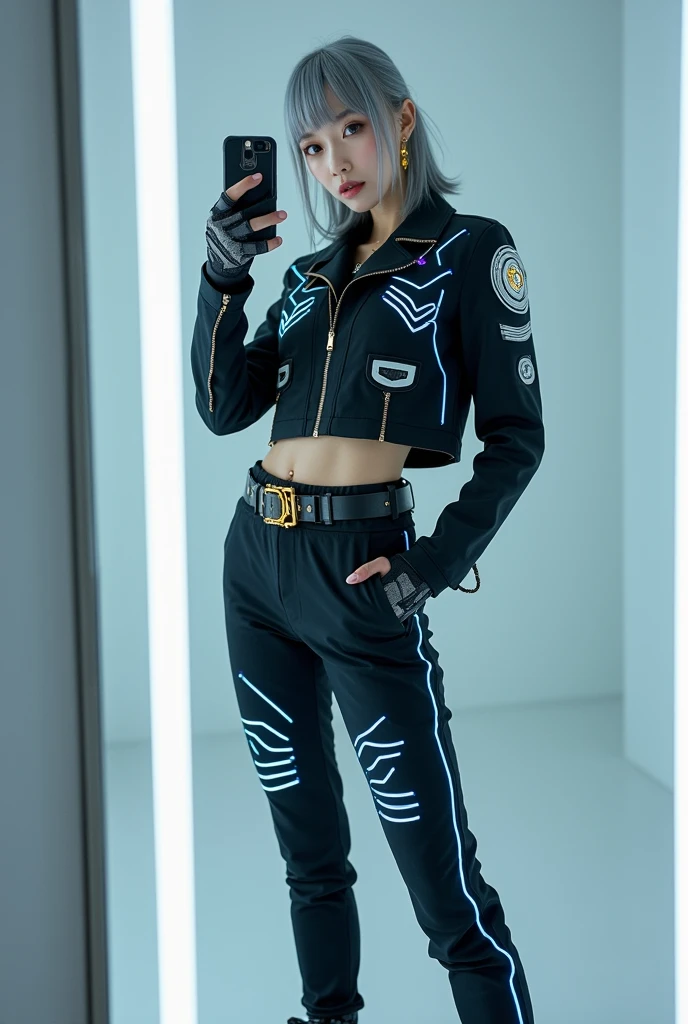 highly detailed, beautiful, hyper Realistic girl, masterpiece, best quality, Depict a mysterious and sophisticated beautiful Japanese gravure model,, 28-years-old, identity hidden, all body shot, / gray arranged hair, small head, Detailed face, cute and Pretty slim face, wide Duck mouth, perfect beautiful Tooth, arranged gray hair, shiny eyes, blue-colored eyes, Realistic skin, Detailed face, / Here’s a chic and futuristic costume design based on a cyberpunk jogger theme:
Top: A black cropped jacket with luminescent blue circuitry patterns and silver badges, blending cyberpunk and authority. The jacket features a high collar and zippered front for a sleek look.
Bottoms: Slim, high-waisted joggers with metallic silver accents, holographic side stripes, and functional cargo pockets, offering both style and utility.
Footwear: Black, sleek combat boots with neon blue soles and reinforced ankles, ensuring both durability and a cutting-edge appearance.
Accessories: A minimalistic belt with gold buckles, matching gold earrings, and LED-enhanced gloves, all exuding a powerful and authoritative presence. //// simple white single room, gray frame mirror, complicated background /// takes a selfie in her room using a smartphone in front of a mirror with one hand, standing and fashion model Posing, all body below shot, looking away from the camera,