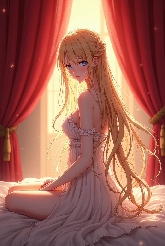 Anime character sitting on the bed with red curtains, Epic light novel art cover, Light novel cover art, Algeria Pendragon, Wear clothes, anime goddess, epic Light novel cover art, Violet Evergarden, seductive anime girl, vinland saga, pixiv 3dcg, Blonde long hair anime girl, blonde princess, Yuuki Asuna