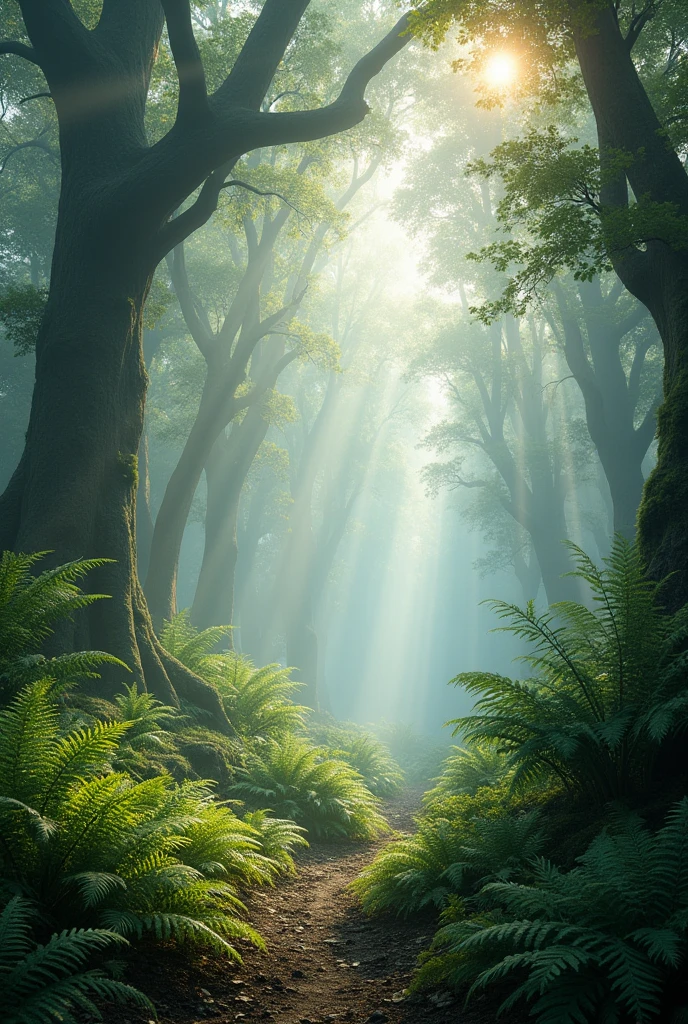 Suddenly, a gentle roar is heard in the distance. The mist parts to reveal a lush, prehistoric landscape with enormous ferns and towering trees.