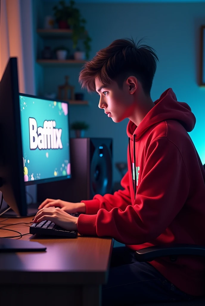 A guy in a red sweatshirt sits at a gaming computer looking at a monitor on the screen of which is written BaffLix