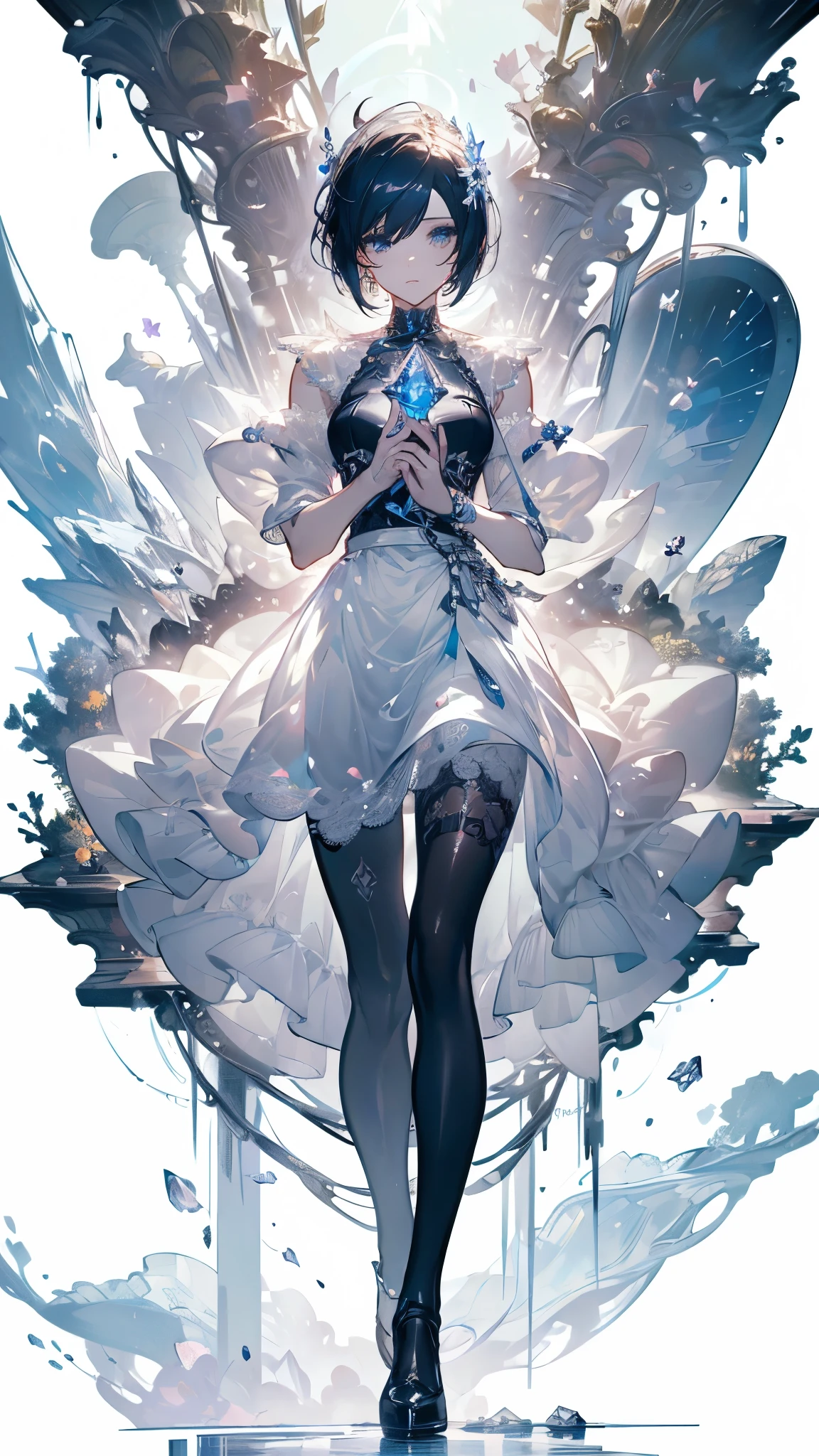 (Highest image quality, Masterpiece: 1.2),
Vivid colors, strong contrast,
(Magnificent Panoramic View: 1.3), Clouds in the blue sky,
Magical girl flying in the sky, cute clothes with many decorations, cape on only one side of her clothes, 
(dynamic angles, dynamic poses: 1.2), fantasy,
Floating water droplets, bubbles, feathers, 