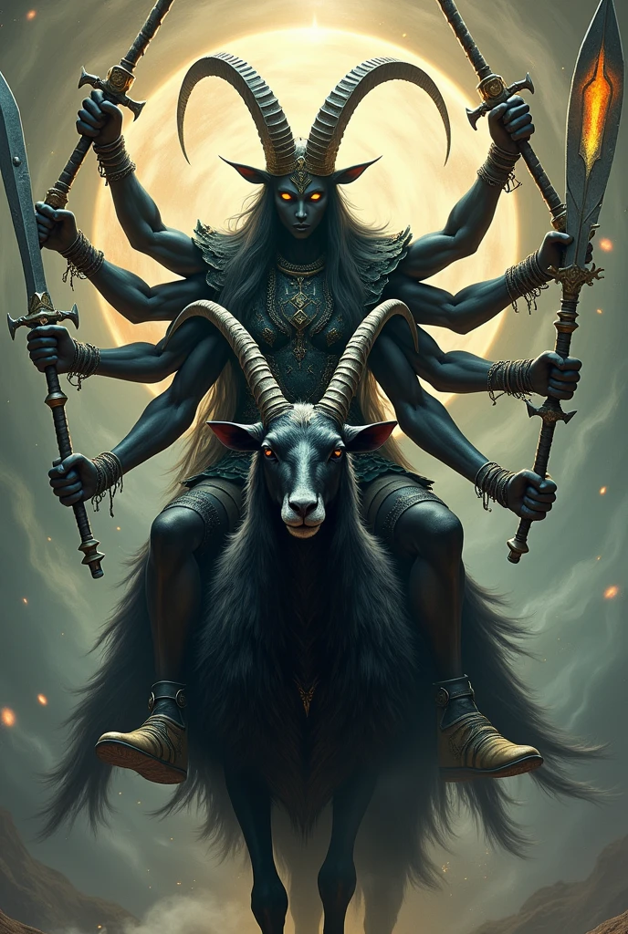 Meldi maa seeting on a male black goat with their 10 hands with different weapons 
